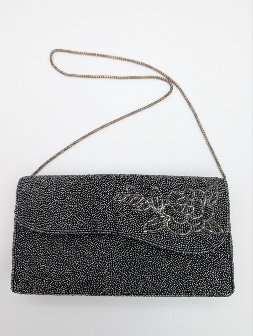 Vintage Beaded Evening Clutch With Floral Rose Motif Dark Gray